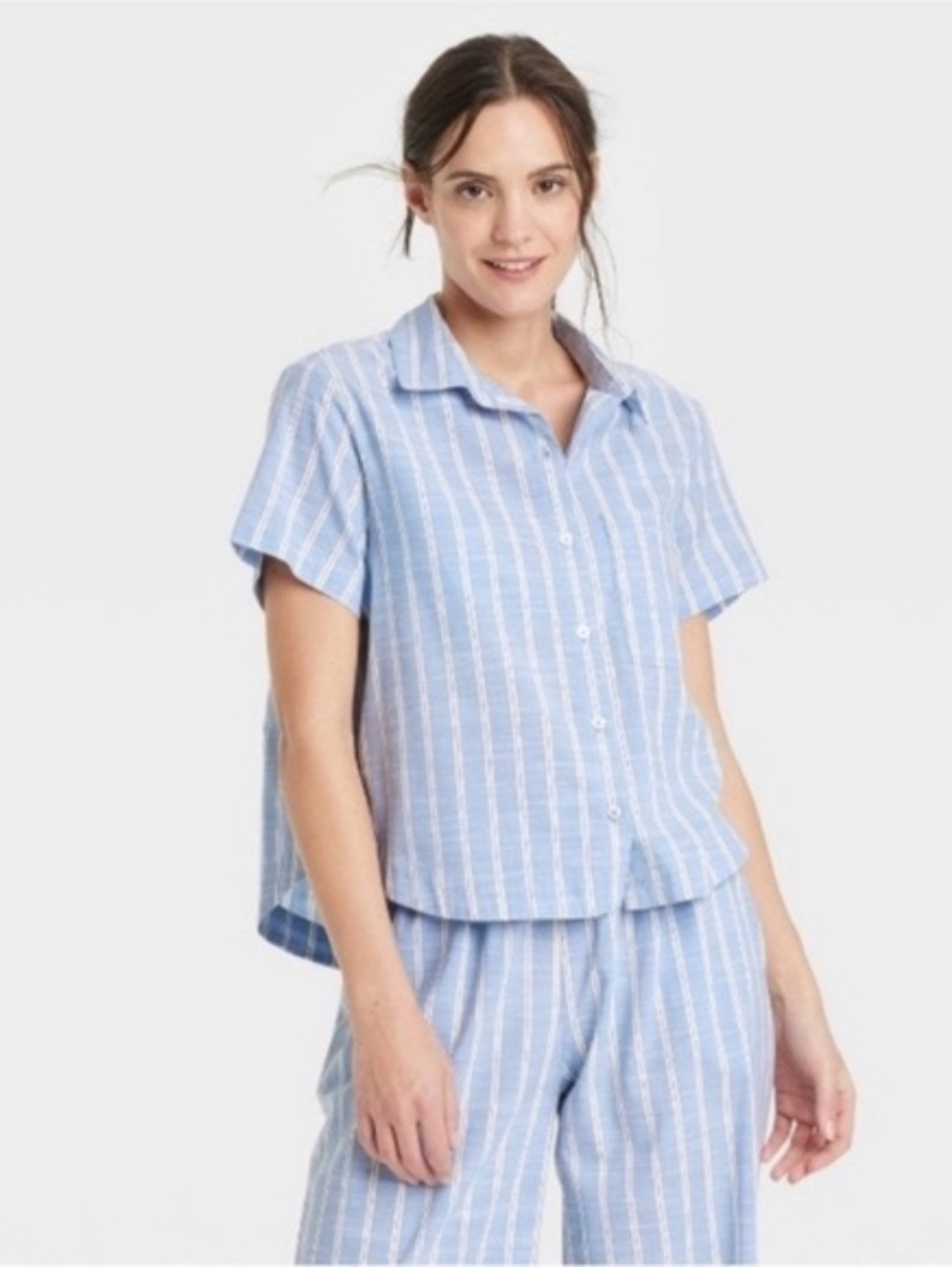 Auden Women's Striped Cotton Blend Short Sleeve Pajama Shirt Light Blue Midweigh